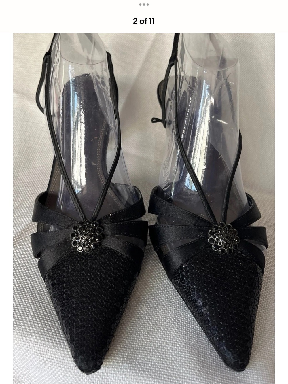 Black Satin Pointed Slingback Heels with Decorative Brooch